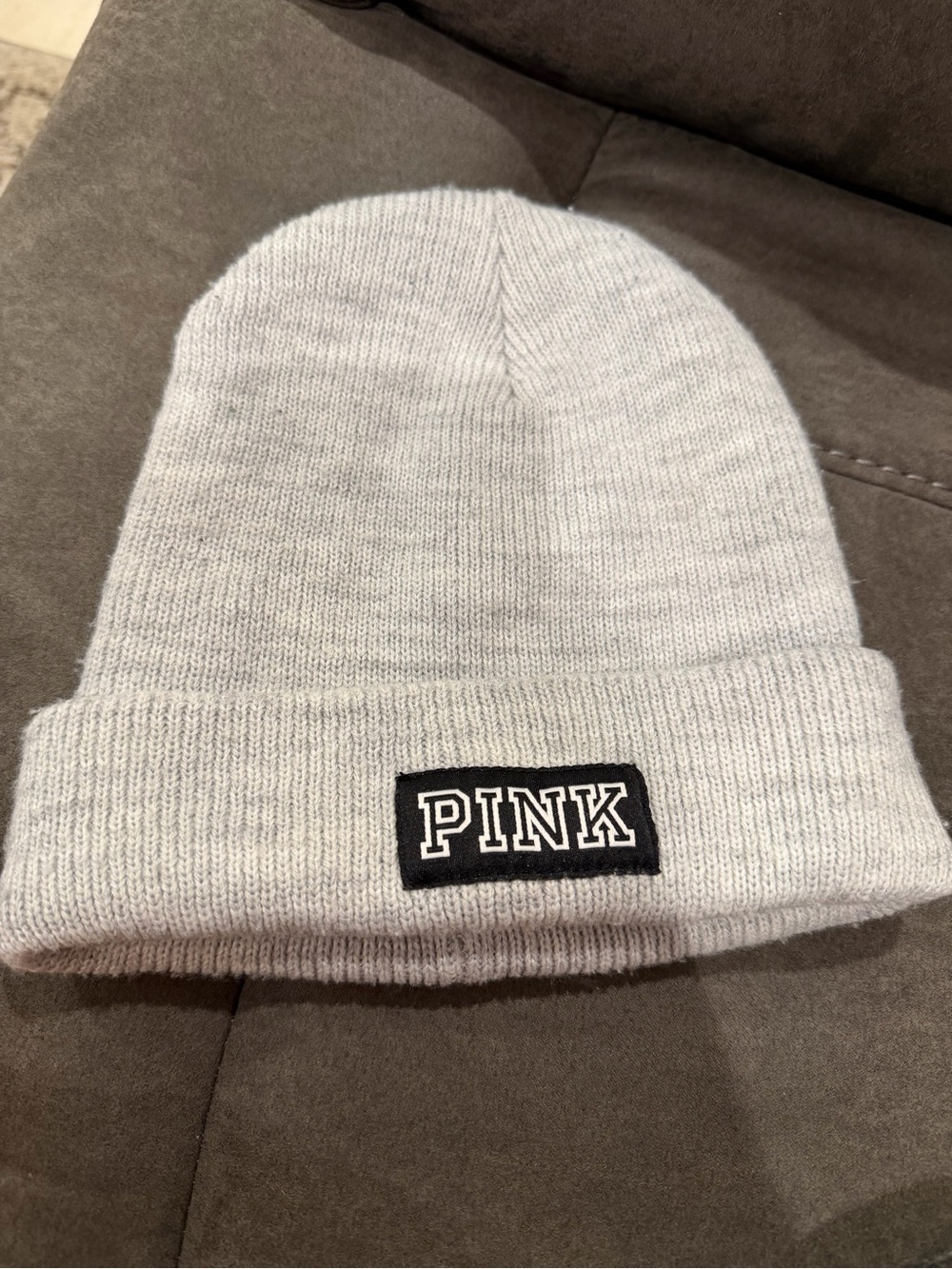 PINK Victoria's Secret Kids Gray Ribbed Knit Beanie with Logo Patch